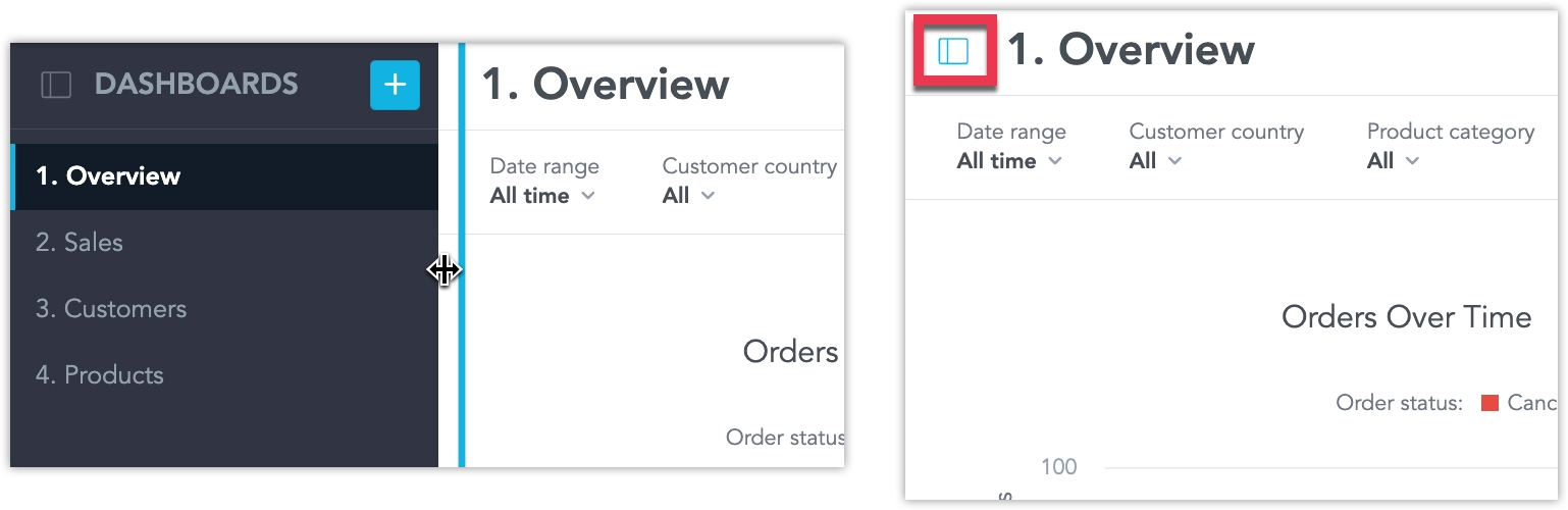 The Dashboards sidebar with a resize handle on its edge, and the same dashboard with the sidebar collapsed and the restore button highlighted in the header.