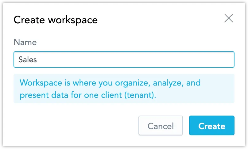 The Create Workspace dialog with the Name field to name a new workspace and the Create and Cancel buttons.