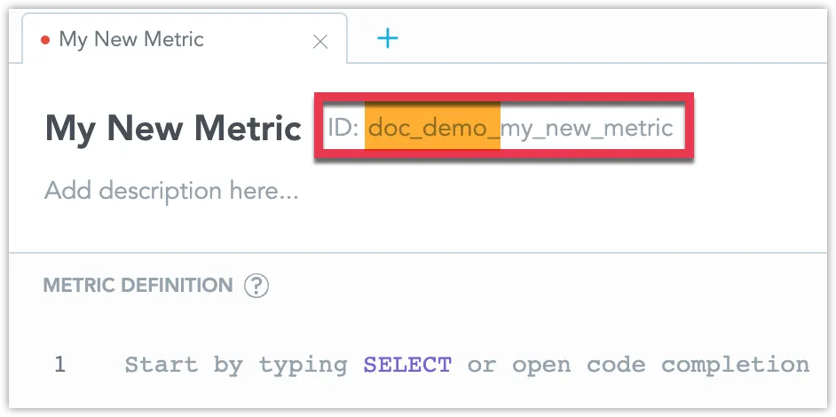 The Metric editor showing a newly created metric with an auto-generated ID prefixed by doc_demo_, illustrating how custom prefixes are applied to object IDs in GoodData. The ID is visible next to the metric's name.