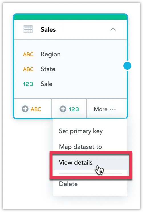 Sales dataset in the LDM. A dropdown menu is expanded from the More button in the bottom-right corner, with the View details option highlighted.