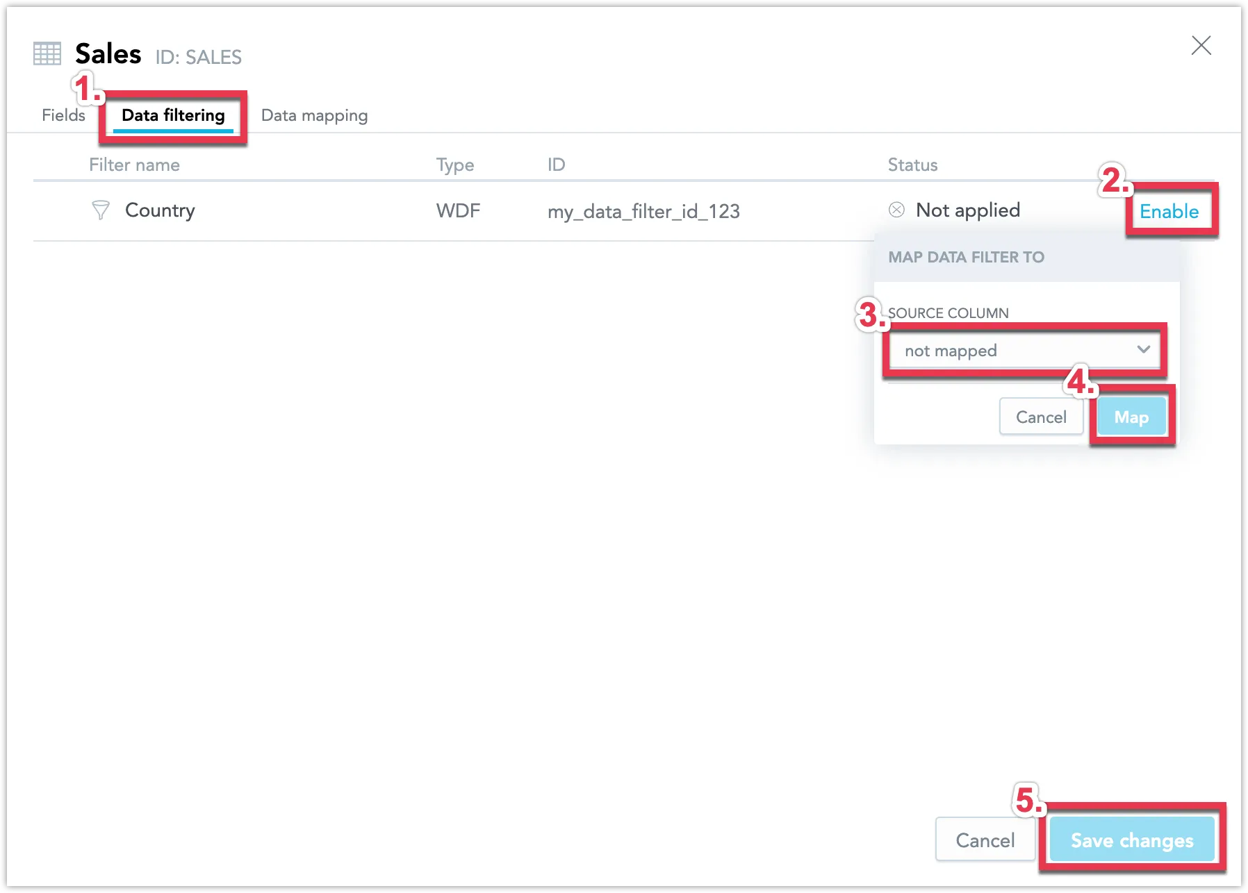 Sales dataset’s details dialog with the Data filtering tab selected at the top. A row below lists a data filter, and the Enable button is visible on the right. Clicking it opens the Map data filter to dialog, showing a Source column dropdown and a Map button in the bottom-right corner. The Save changes button is located in the lower-right corner of the dataset’s details panel.