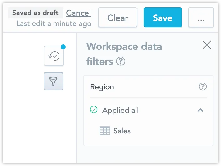 Workspace data filters panel in the logical data model with filter Region shown as applied to the Sales dataset.