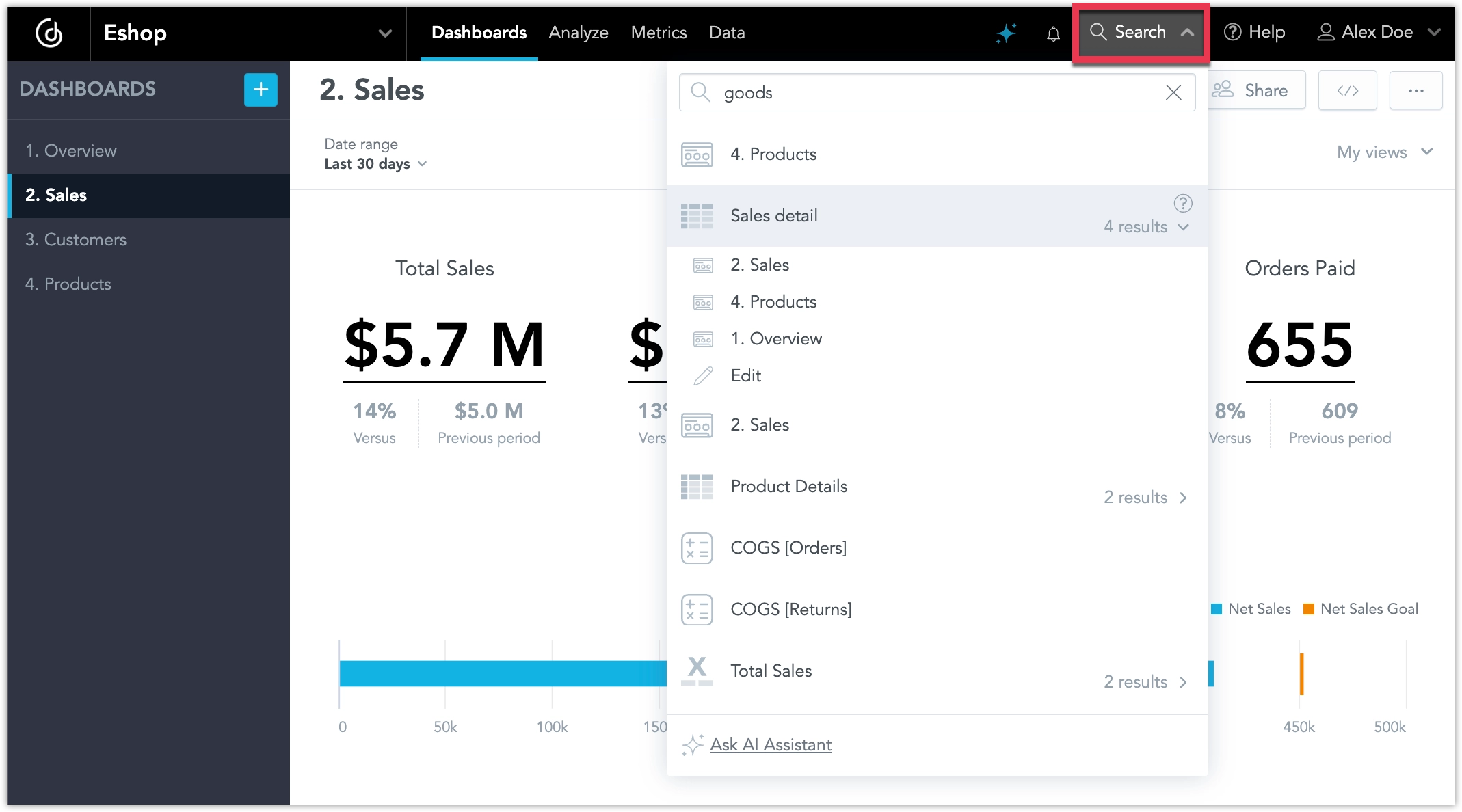 A dashboard with the search bar expanded from the top navigation. The search bar allows you to find dashboards, visualizations, and metrics using names, descriptions, and tags. A dropdown with suggested search results is visible below the search bar.