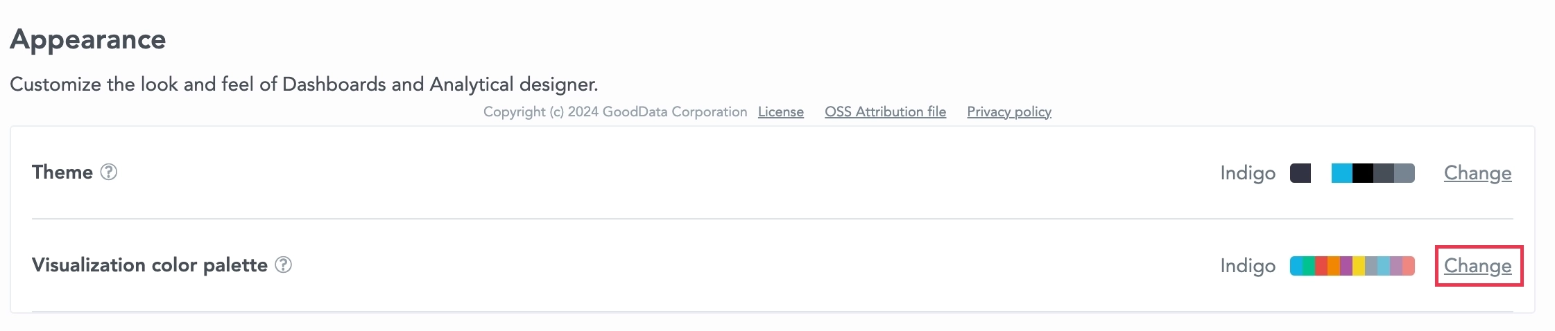 Appearance section in the Settings tab of a workspace showing the Visualization color palette setting with the currently selected palette. The Change button is located to the right of the color palette name.