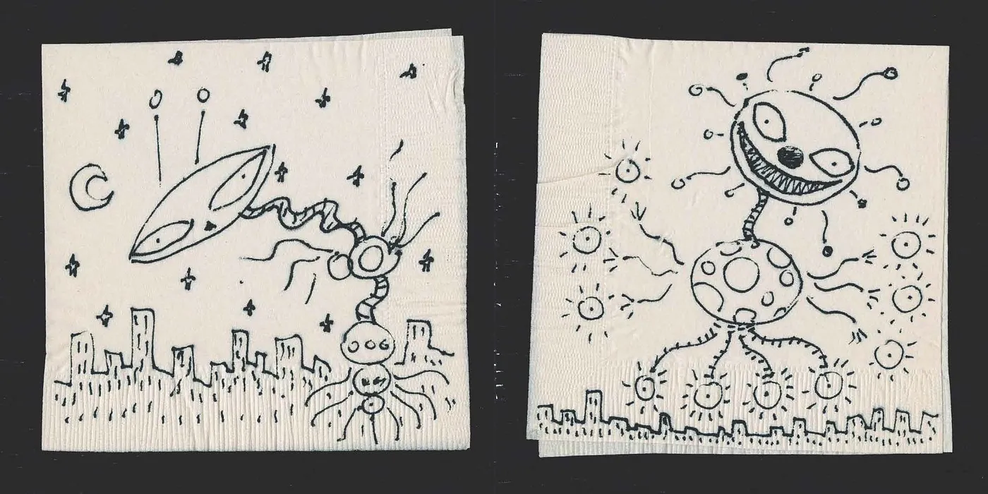 Tim Burton, the famous film director, producer, screenwriter, and animator, sketched most of his ideas on napkins. He even published a napkin book. (Image from timburton.com)