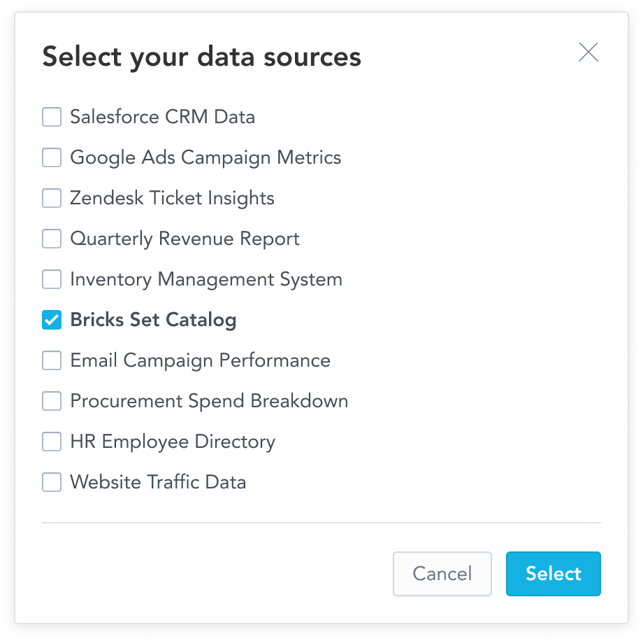 In the first step, select the data sources to build the analytics