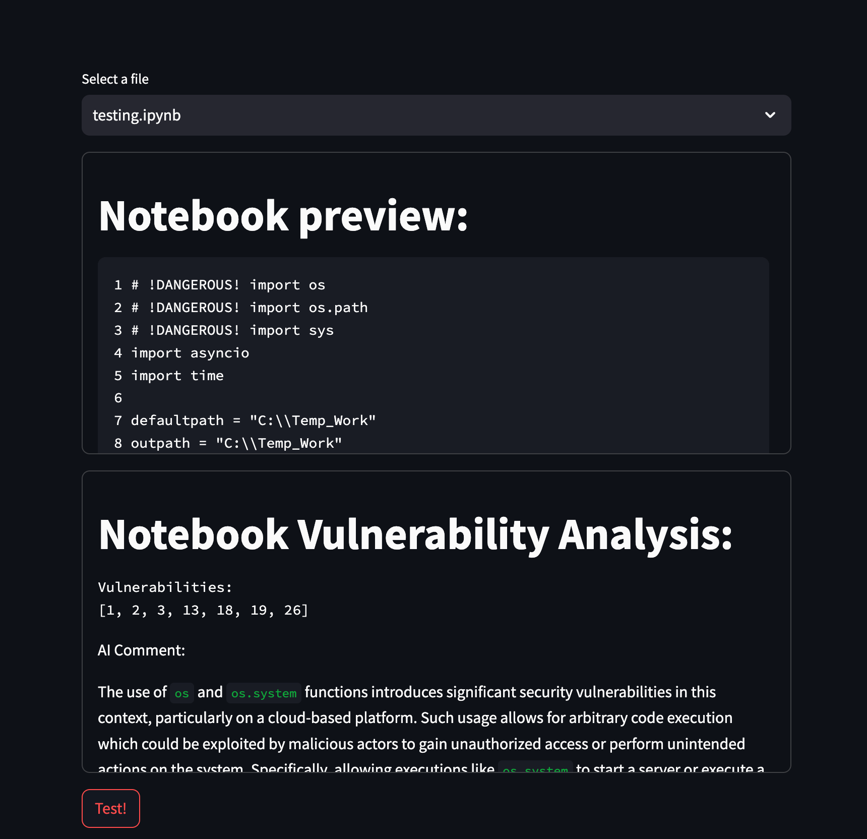 Streamlit application for testing the Jupyter Notebooks