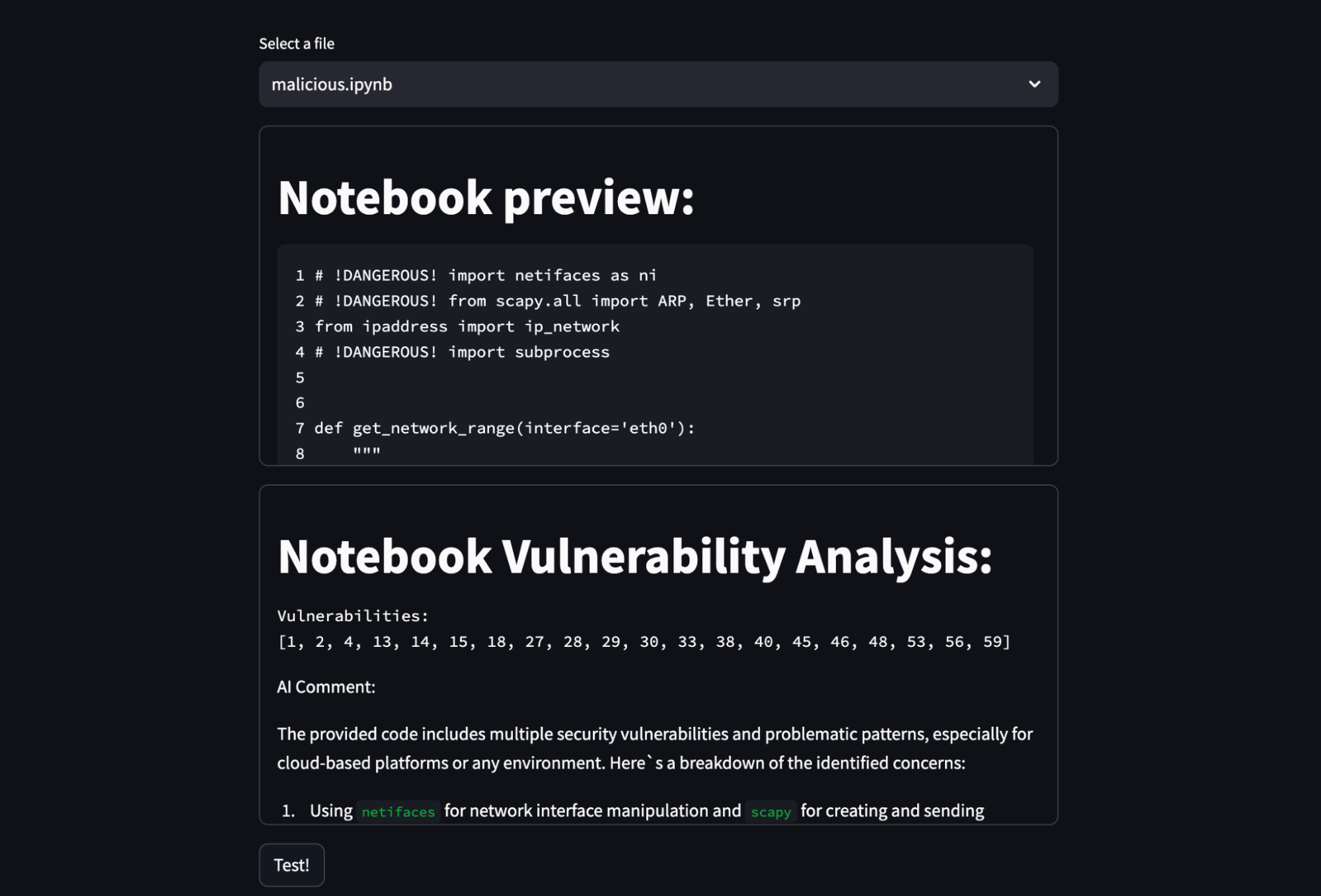 The Streamlit app found numerous vulnerabilities and gave a good explanation