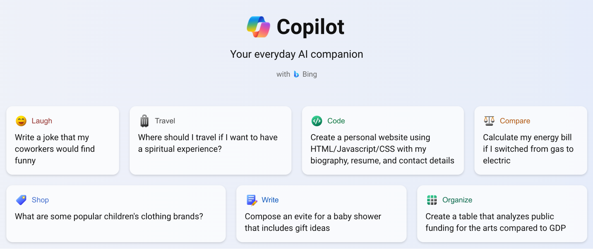 Set of various examples provided by Microsoft Copilot showing possible inputs designed to set the expectations and ease users' start with generative AI.