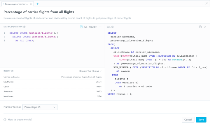 GoodData Metric UI editor. The metric definition is in the left top corner. “View by” enables you to put metrics into context (hereby Carrier nickname). The result preview is in the bottom left corner. The corresponding SQL statement is in the panel on the right.