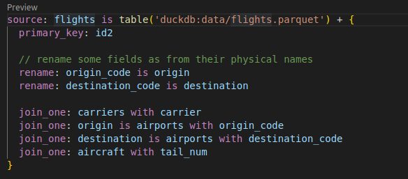Malloy source (a logical dataset) on top of the flights table. Only primary key and references to other sources. Only two fields are renamed to simplify their usage.
