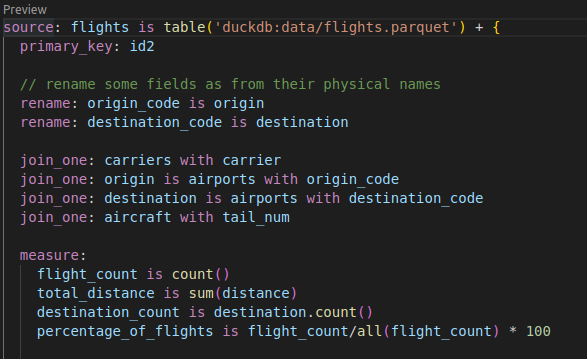 Malloy calls metrics ‘measures’. Both simple and more complex measures can be declared. Measures must be defined as a part of a source (dataset).