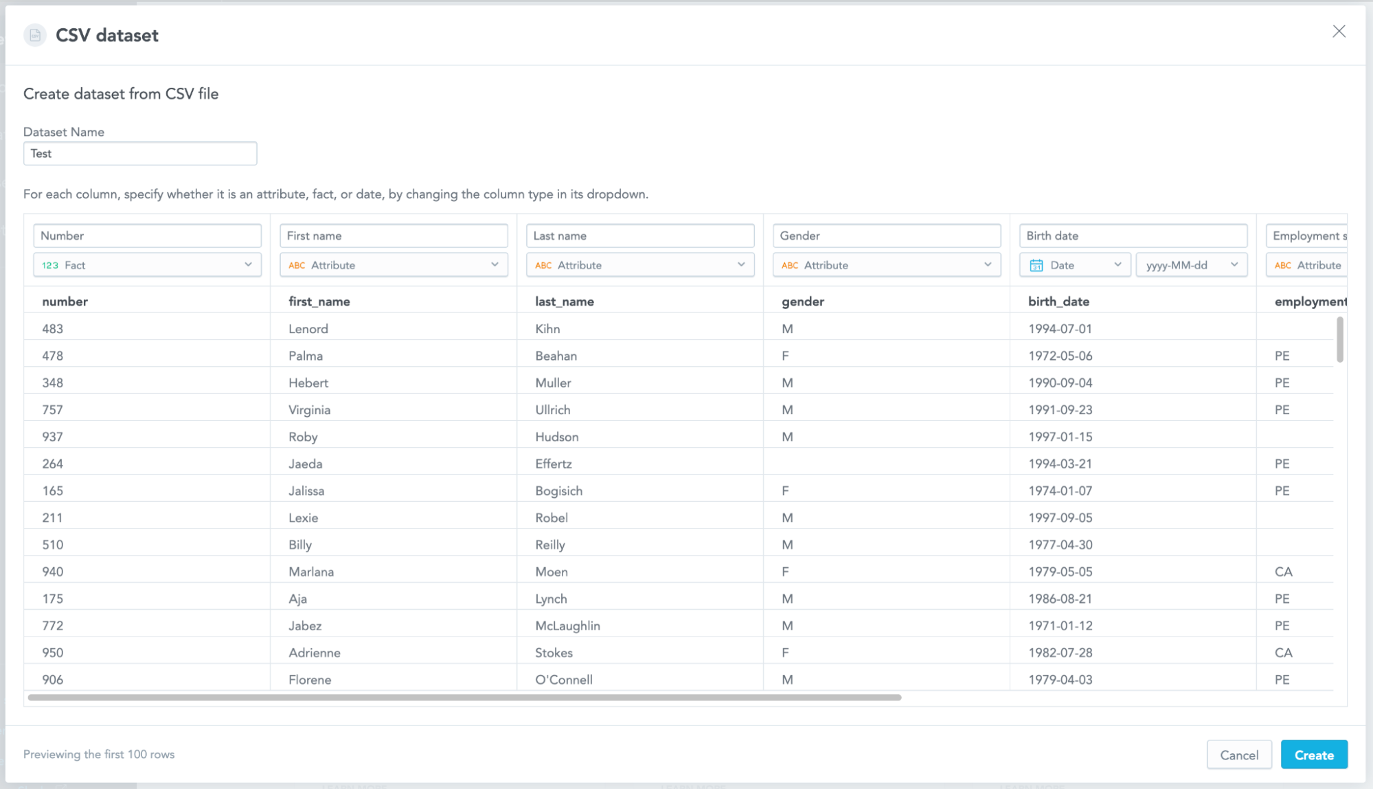 CSV preview in the UI