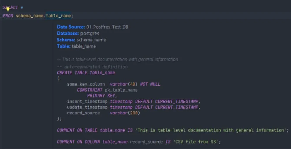 Display data dictionary in Datagrip