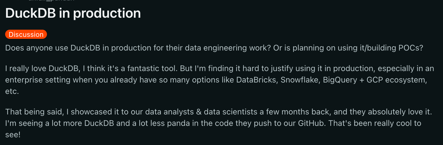 Reddit thread about using DuckDB in production. 