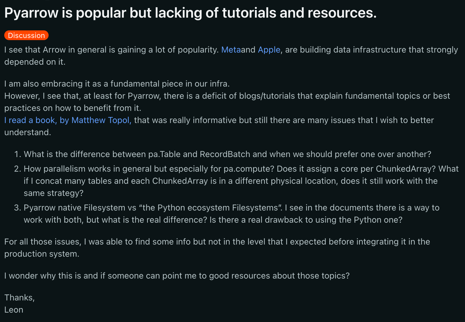 Example of people missing key resources for PyArrow.