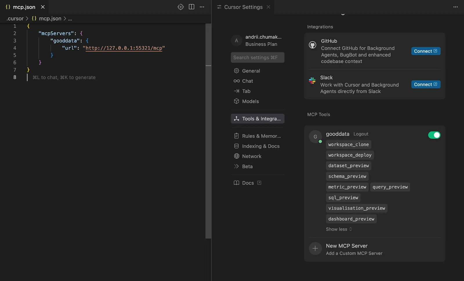 GoodData for VS Code MCP Server connected to Cursor