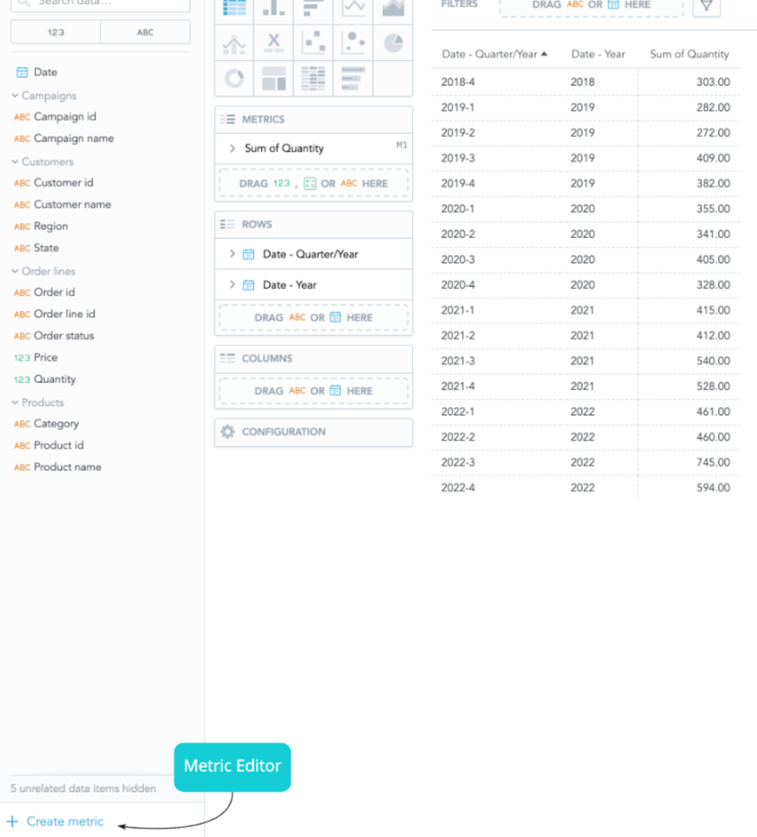 Opening of the Metric Editor using the Create metric button