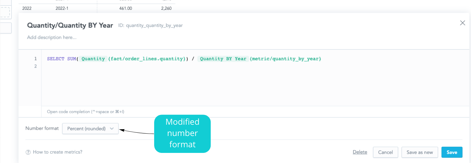 The new metric saved with the percentage number format