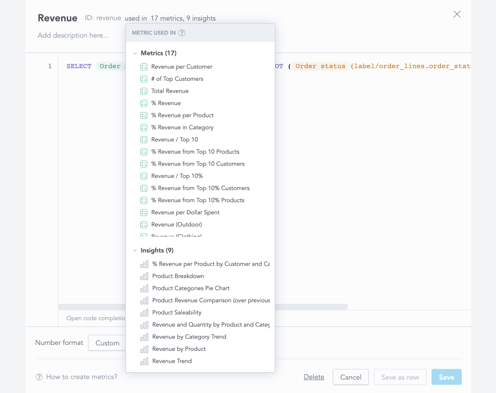 Dropdown menu on GoodData displaying the metrics and insights a metric is connected to.