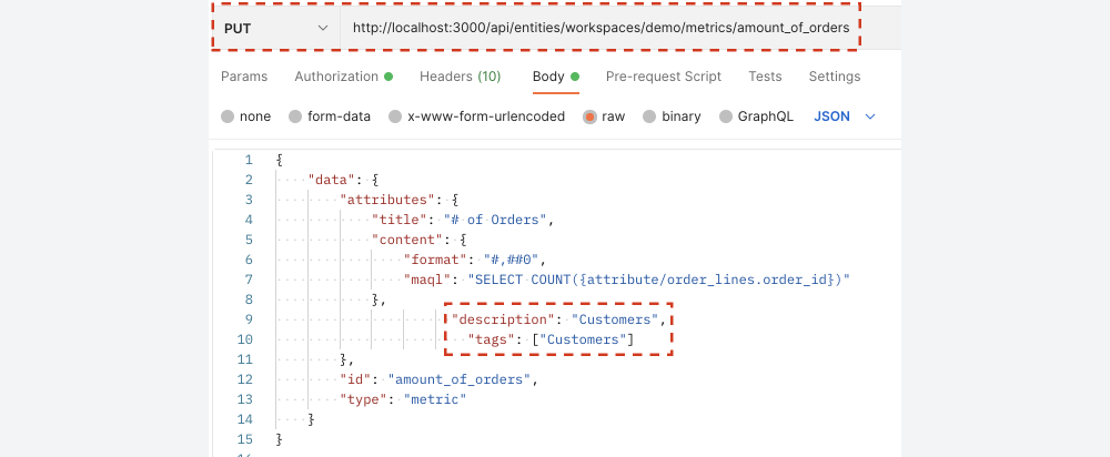 Screenshot of an API PUT call.