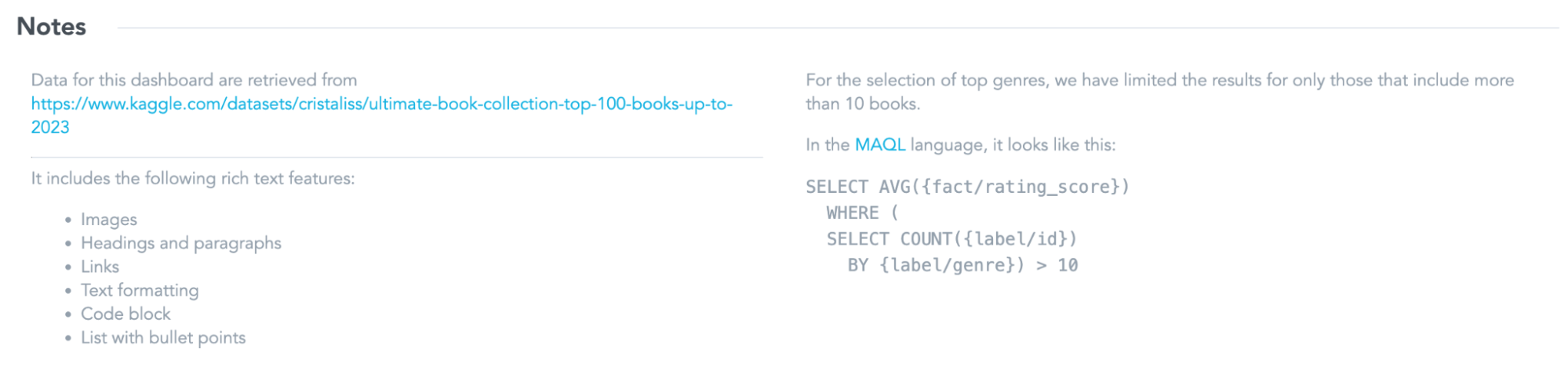 Dashboard footer built with rich text widgets
